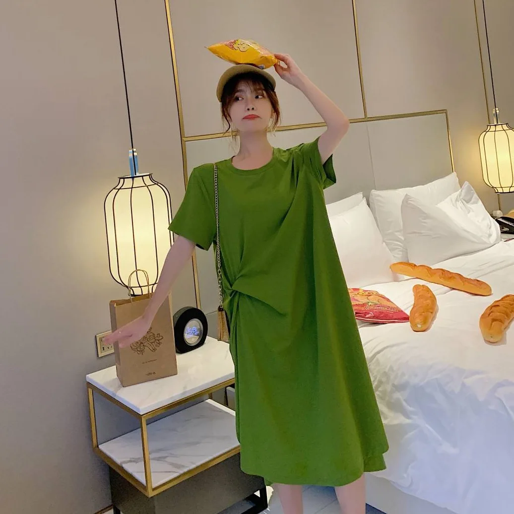 

Photo Shoot CHIC Funny Avocado Green Mid-length Crew Neck Cross Pleated Loose Casual Wind T-shirt A- line Dress