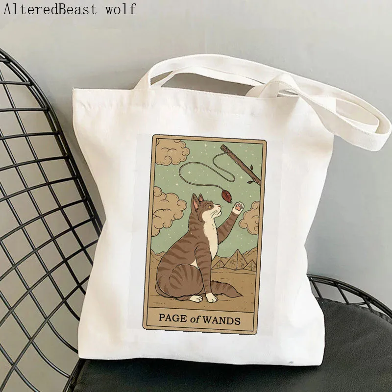 Women Shopper bag Nine of Pentacles cat Tarot Bag Harajuku Shopping Canvas Shopper Bag girl handbag Tote Shoulder Lady Bag