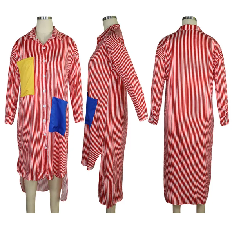 Полосатое платье-рубашка с длинными рукавами женское Свободное платье с отложным воротником на пуговицах Повседневная Уличная одежда негабаритное платье-рубашка