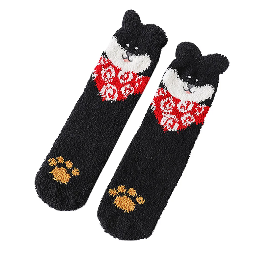 Winter Women Socks Cartoon Puppy Coral Fleece Floor Socks Lovely Thickening Cotton Middle Socks Keep Warm Socks Christmas Gifts - Цвет: Black