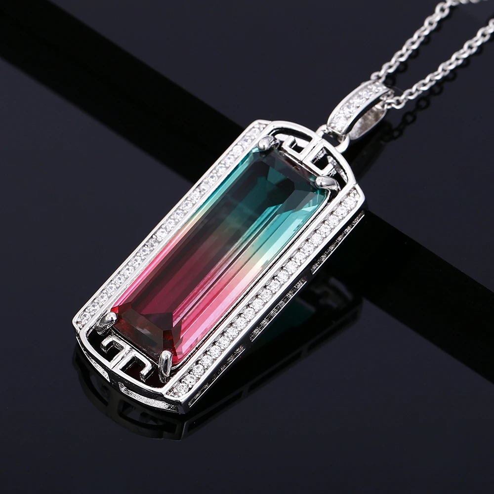 Серебряное ожерелье с подвеской большое прямоугольное 10*26 мм цвет радуги Турмалин циркон кулон ожерелье вечерние Подарок на годовщину