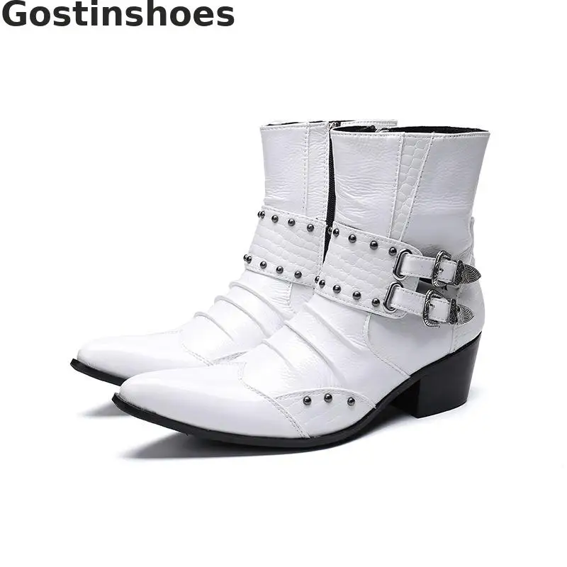 

White Winter Men Leather Boots Genuine Leather Buckle Straps Pointed Toe Short Ankle Boots Rivets Decoration Men Work Boots