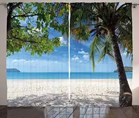 Summer Curtains Tropical Beach Ocean Behind Palm Tree Caribbean Exotic Holiday Image Living Room Bedroom Window Decor Panel 1