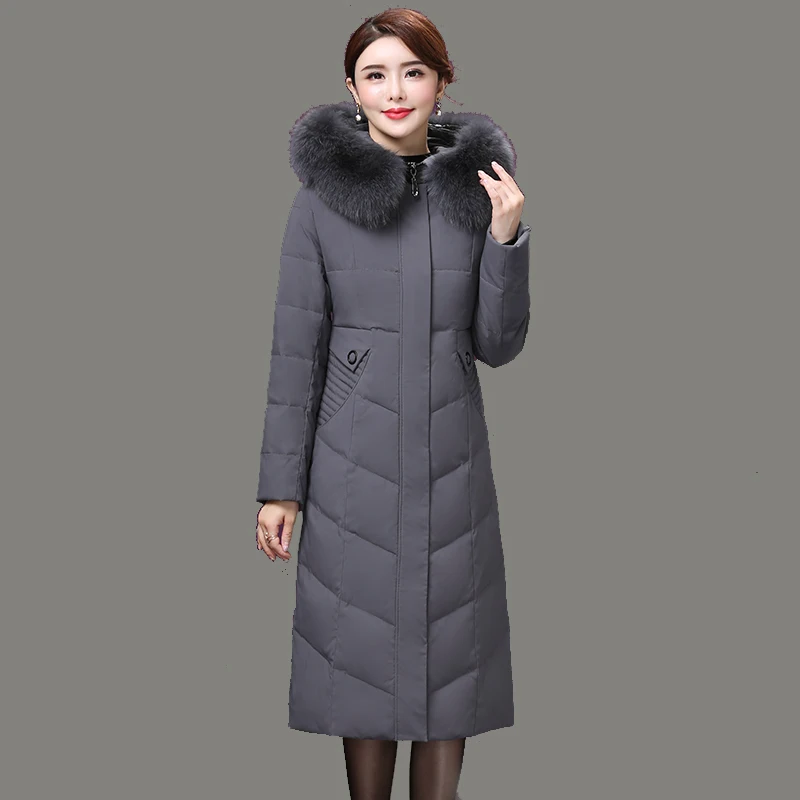 Plus Size 6XL Mid-aged Women Winter Jacket Mom Warm Thick Graceful Long Coat Detachable Fox Fur Hooded Down Jacket Coat