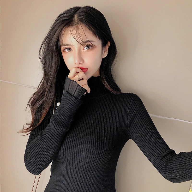 2019 Solid Color Silm Women's Sweater Fashion Tops Thick Black Basic Bottoming | Женская одежда