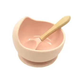 

New Baby Eating Utensils Silicone Baby Feeding Bowl Set Baby Learning Dishes Suction Bowl Set Wood Non-Slip Spoon For Toddler