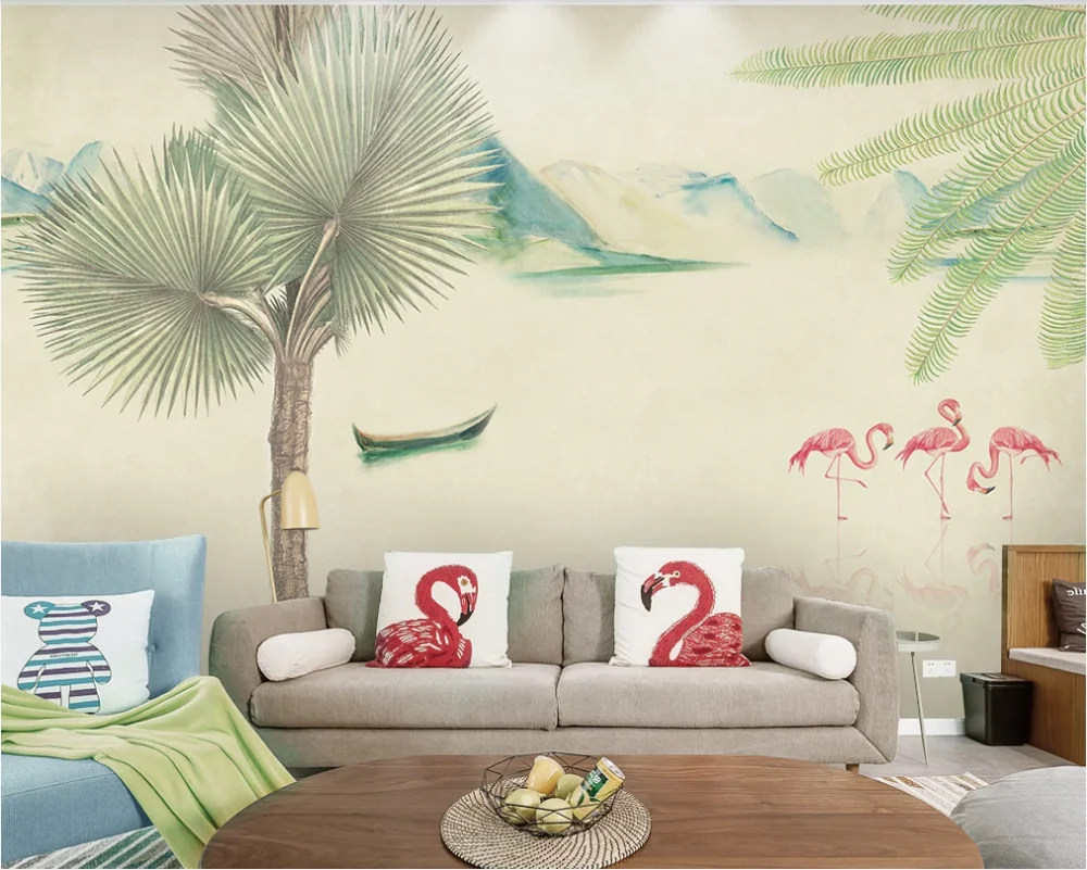 

Custom wallpaper Nordic small fresh palm leaf landscape Western painting background wall-waterproof material