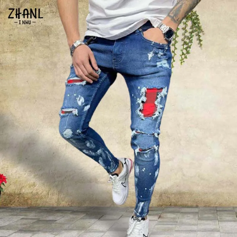 Blue Skinny Men's Jeans Plaid Patchwork Joggers Pants Fashion Paint Painting Streetwear Slim Gray Hip Hop Casual Trousers Male