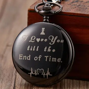 

Vintage Black Quartz Pocket Watch I Love You Till The End Of Time Pocket Watch Clock Fob Chain Necklace For Gift