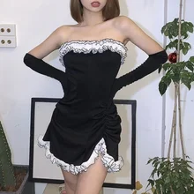 

2021 Women's Slim Mini Dresses Fit Bodycon Party Club Black Mini Dress with Gloves Ladies Fashion Sexy Split Strapless Dresses