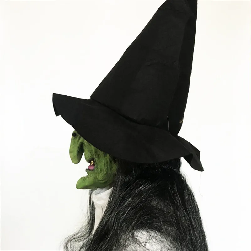 Halloween Green Face Witch Horror Mask Head Long Hair Scary Latex Mask Headband Black Hat Dance Show Performance Props HW51 (2)