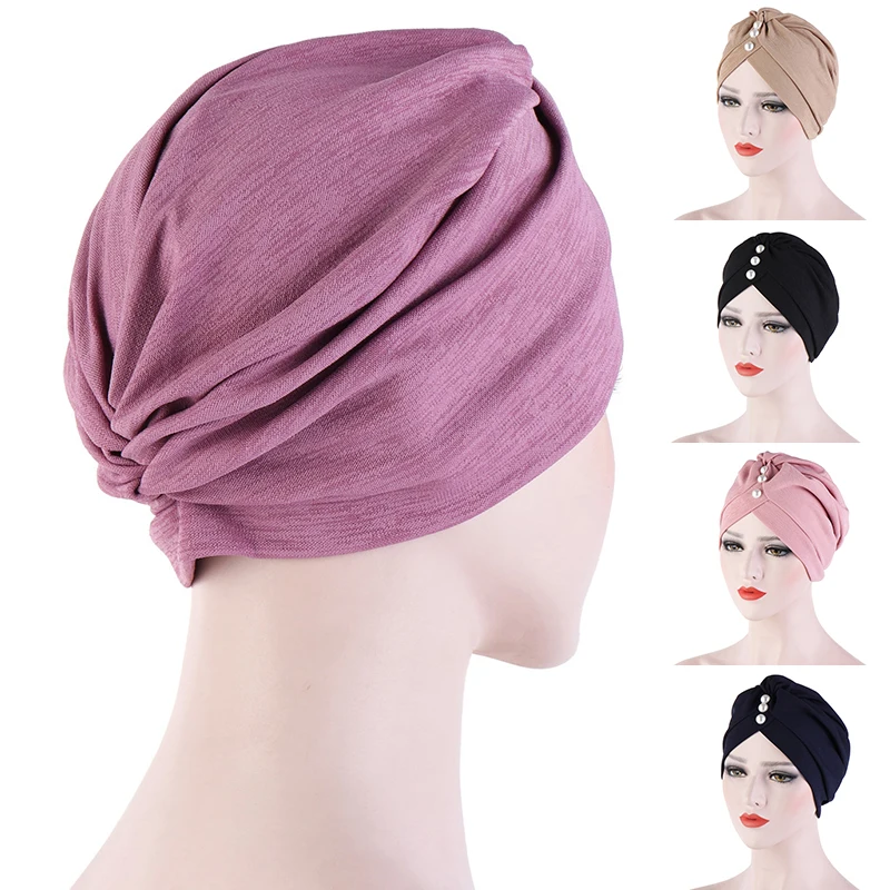 

Hot Pearl Hemp Beading India Hijab Turban Elastic Muslim Hat Chemo Cap Headwrap Solid Bandanas Knot Black Pink New Hat Headwear