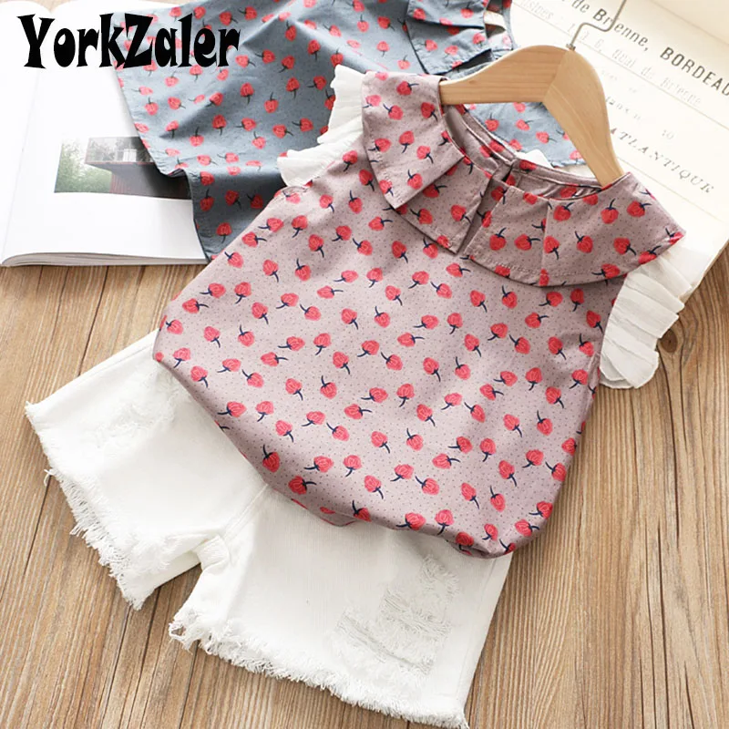 

Yorkzaler Summer Kids Clothing Set For Girls Printed Shirt With White Short Jeans Children's Outfits Enfant baby Clothes Suit