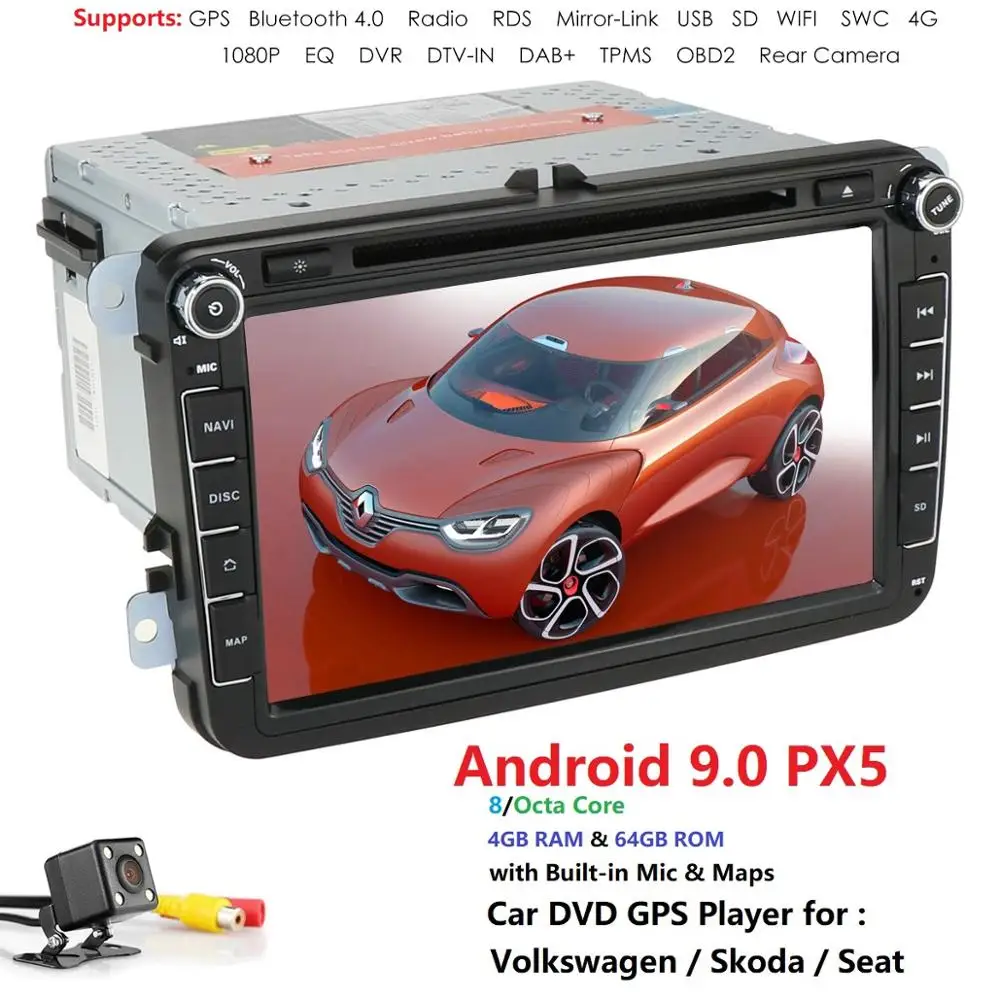 Discount Hot Sale DSP IPS 2din Android 9.0 4GB 64GB Car Dvd Player Stereo Radio Gps For VW Volkswagen Passat Golf Polo Cc JettaSkoda Seat 4