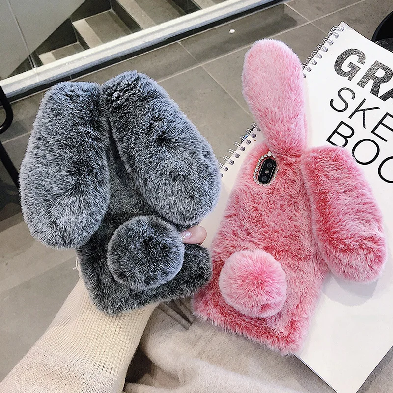 Bunny Fur Case for Motorola Moto One Marco Vision Action Pro G Stylus Power E6S E7 Plus Rabbit Plush Silicone Cover Fundas | Мобильные