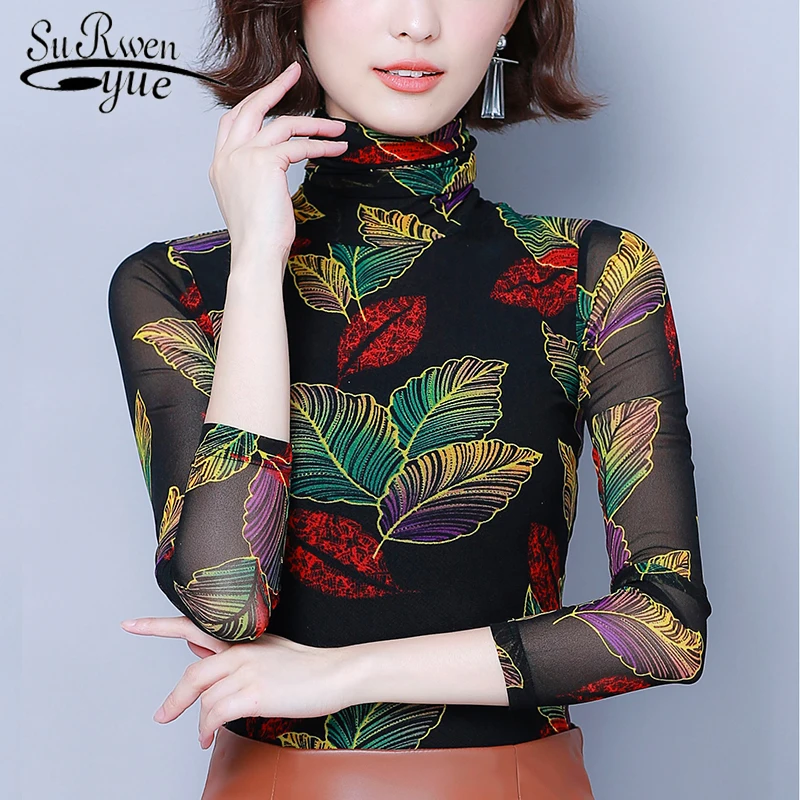 

2019 New Fashion Elegant Women Tops Casual Women Blouses Printed Pullover Slim Long Sleeve Turtleneck Autumn and Winter 6119 50