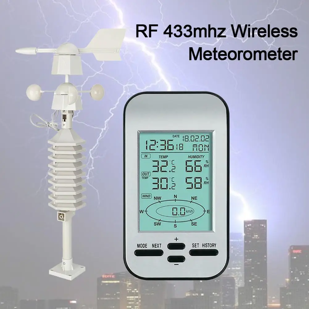 RF 433mhz Wireless Weather Station Clock Wind Speed Direction Sensor Temperature
