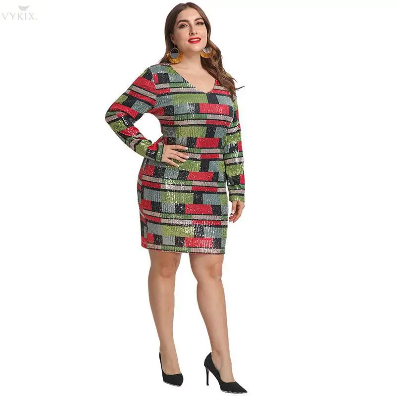 5XL размера плюс женское зимнее мини-платье с v-образным вырезом, платье с блестками, длинные рукава, прямые сексуальные платья, ночная Клубная одежда, вечерние платья бодикон - Цвет: Многоцветный