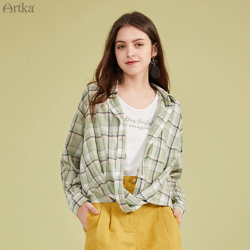 

ARTKA 2020 Spring New Blouse Women Fashion Casual Pure Cotton Long Sleeve Shirt Loose Green Plaid Shirt Coat Women SA20002X