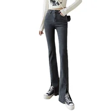 Jeans High-Waist Flared with Slit Design  Slimming Women Fashion Blue Denim Korean Fashion Trousers Black Bell Bottom Jeans