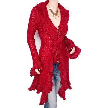 

New Fall 2020 Womens Sweaters European Ruffled Sweater Cardigan Women Coat Sweet Slim V-Neck Long Female Cardigan Red Pull Femme