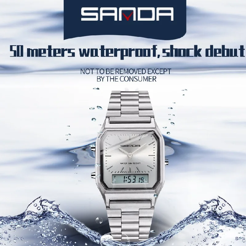 Retro Classic Men Watches SANDA 747 Dual Display Quartz