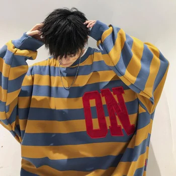 

Korean Round Neck Men Hoodies Yellow Stripe Casual Fashion Loose Hiphop Mens Plain Hoodie Casual Cotton Solid Letter Sweatshirt