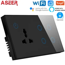 ASEER 4 банда wifi переключатель с Wi-Fi розетка 146 типа, черная стеклянная панель, умный переключатель, совместимый с Alexa, google assistant