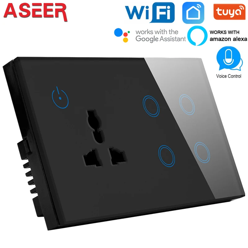 4 канальный Wi Fi переключатель ASEER с разъемом типа 146 черная стеклянная панель