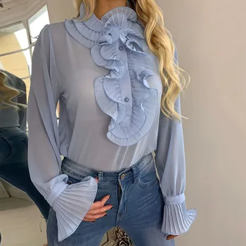 

Women Pullover Chiffon Blouse Elegant Spring Summer Fared Long-sleeved Top New Fashion Ladies Casual Ruffles Pleated Shirt