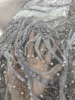 

grey color lace heavy handmade gold beads shining sequins 3d flower embroidery lace fabric high quality luxury cloth fabric