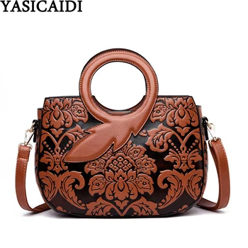 

YASICAIDI National Floral Printing Handbag Elegant Ladies Tote Top-Handle Bags Vintage PU Leather Crossbody Bags For Women 2019