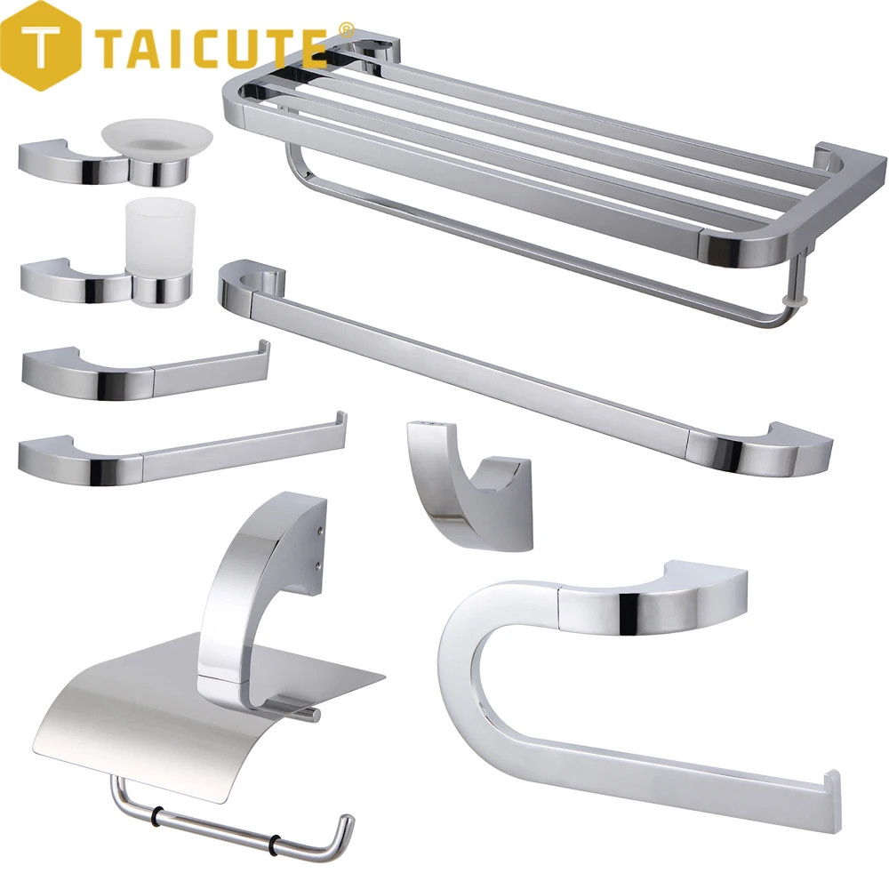 

TAICUTE W Bathroom Accessories Set Towel Rack Shelf Bar Ring Wall Mount Toilet Paper Holder Wall Hook Shower Hardware Chrome