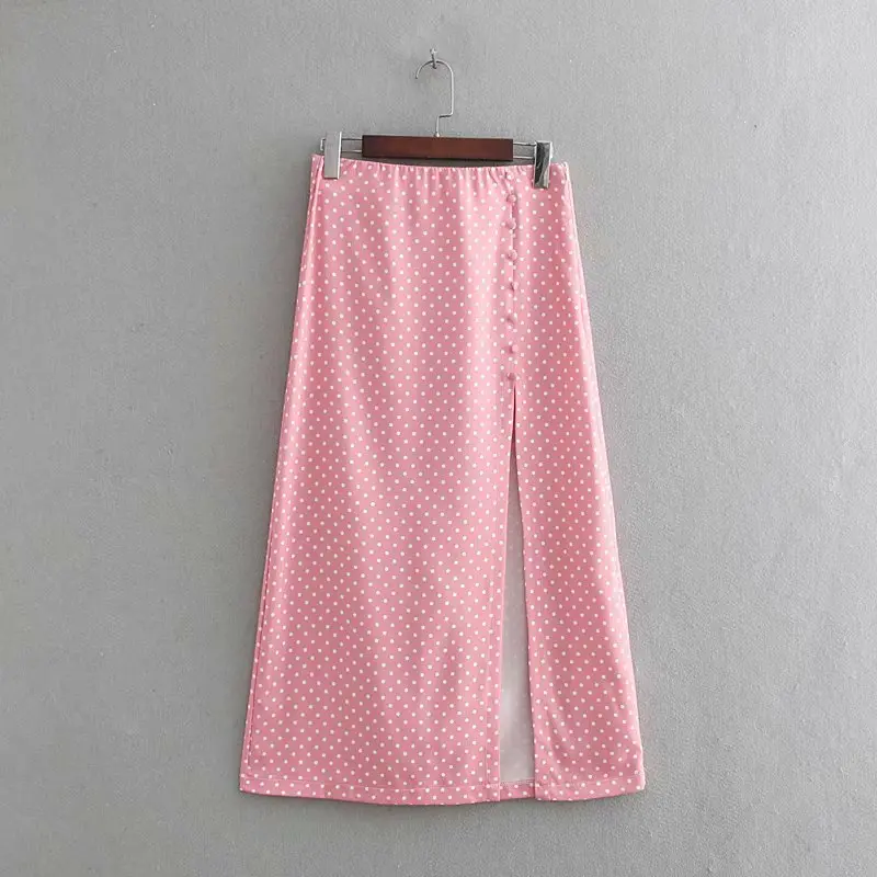 

Spring New Style WOMEN'S Dress Western Style High Waist Side Buckle Slit Decoration Pink Low Dotted Mid-length Skirt Women's
