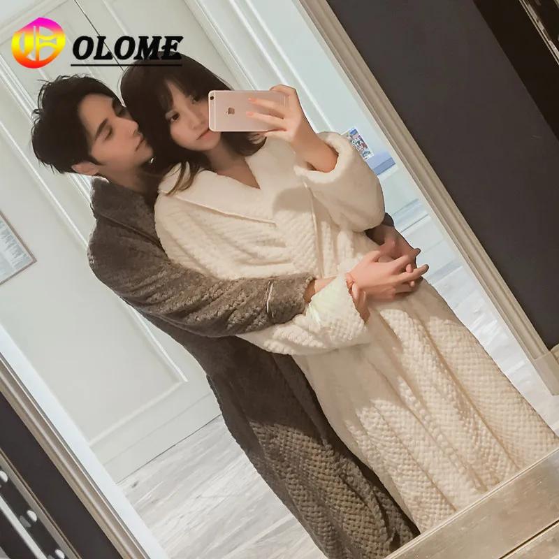 

Winter Couple Lovers Robes Long Style Cardigan Thickening Flannel Lounge Sleep Women and Men Bathrobe Sets Mid-Calf 2020 Olome