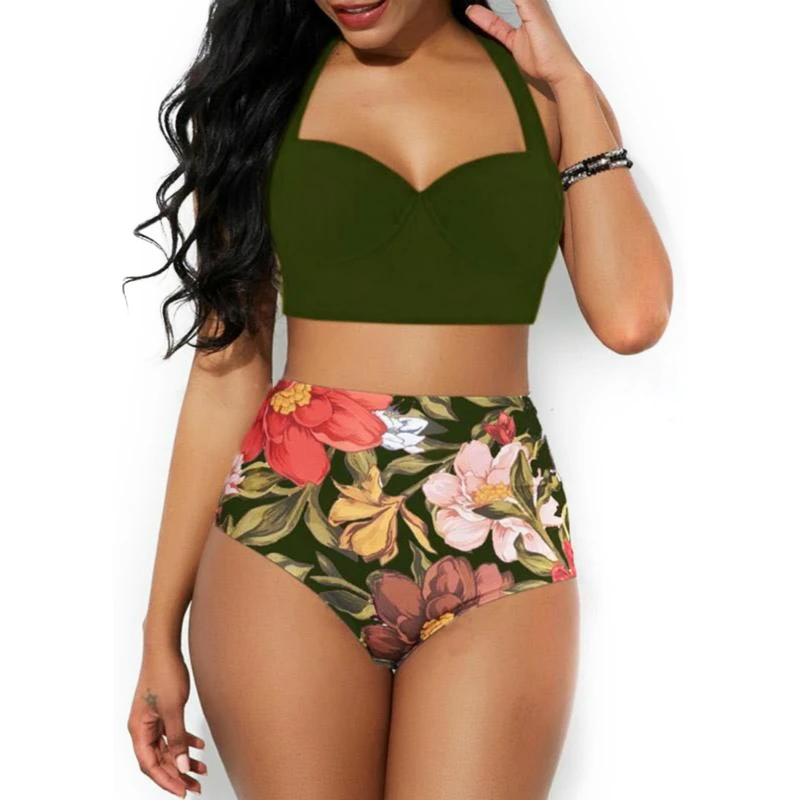 2020 New Sunflower Bikini Set Two Piece Swimsuit Women Bathing Suit Swimwear Beach Wear High Waist Tankini Biquini Plus Size May