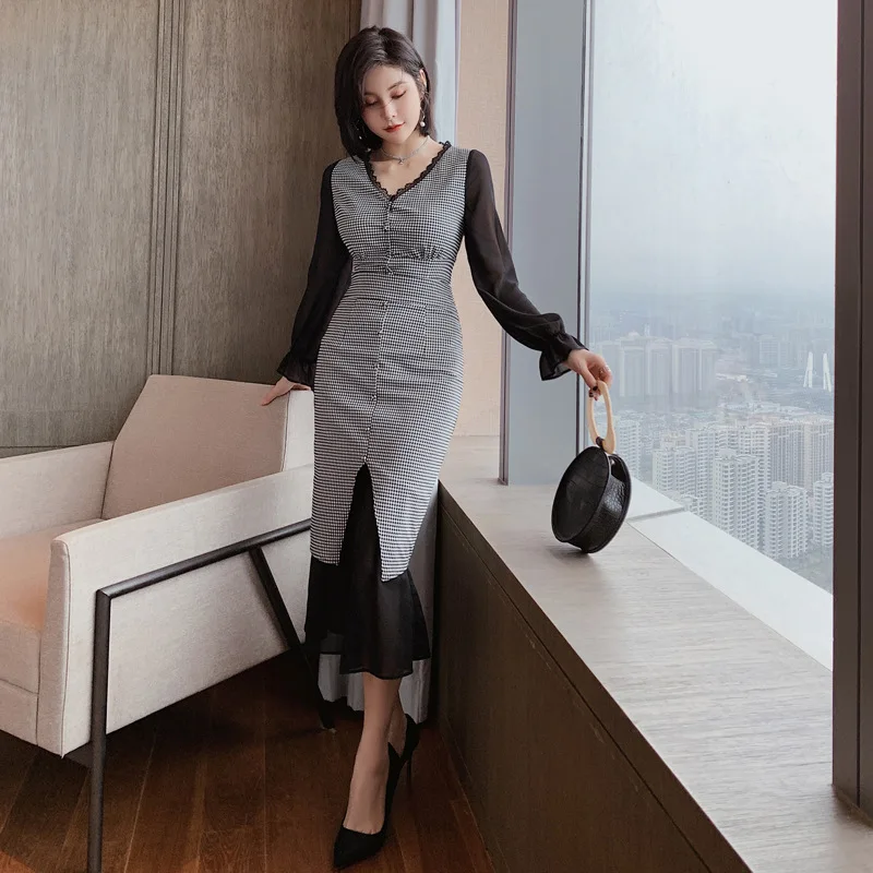 

2 Pieces Sets Sexy Office Patchwork Long Sleeve Tops and Mermaid Skirts Vintage Two Piece Set Summer Plaid Women Suit Vestidos