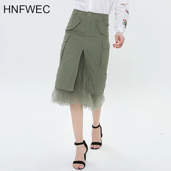 

Fashion New 2020 Clothes Patchwork Mesh Midi Skirt Female Split High Waist Armygreen Autumn Women's Skirts Casual T481