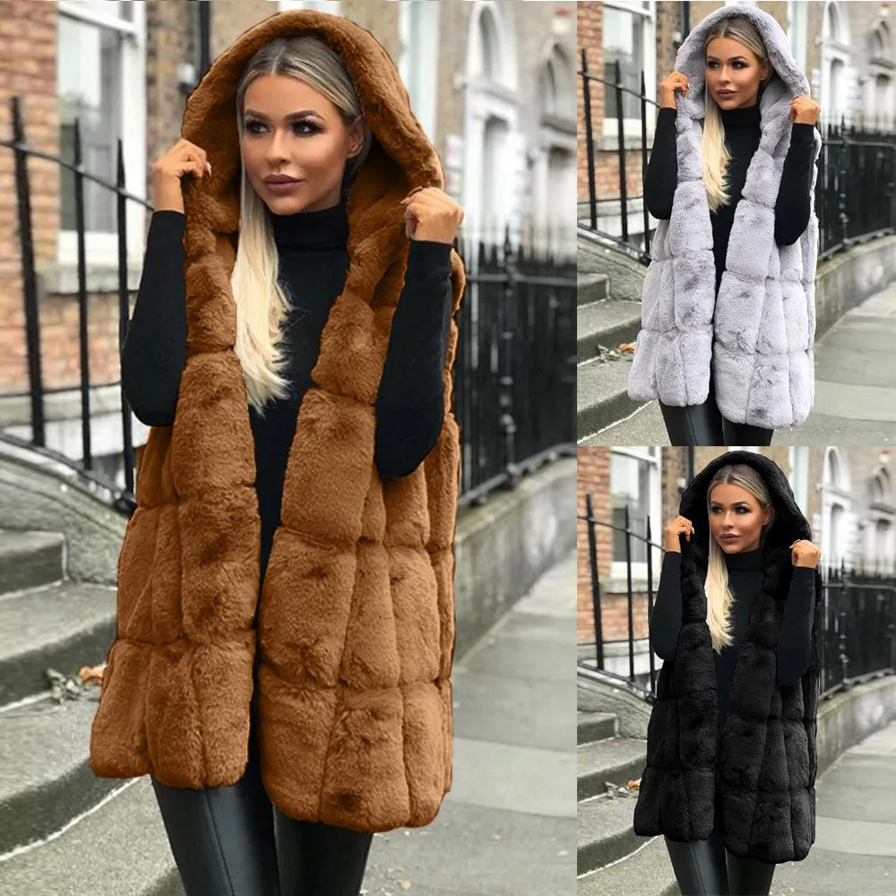 Женское пальто из искусственного меха, мягкое меховое пальто без рукавов, пальто с капюшоном, одноцветное, размера плюс, теплое длинное шерстяное пальто, куртки, зимние длинные пальто#20
