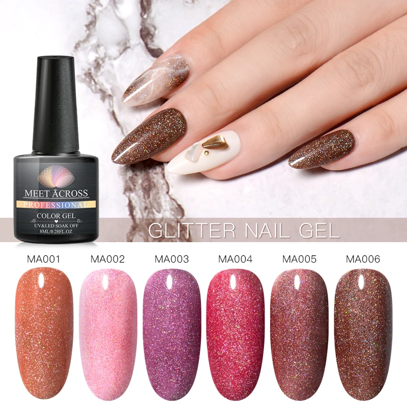 

MEET ACROSS 8ml Glitter Nail Gel Holographic Gel Polish azzling Shining Gel Varnish UV LED Soak Off Nail Art Manicure