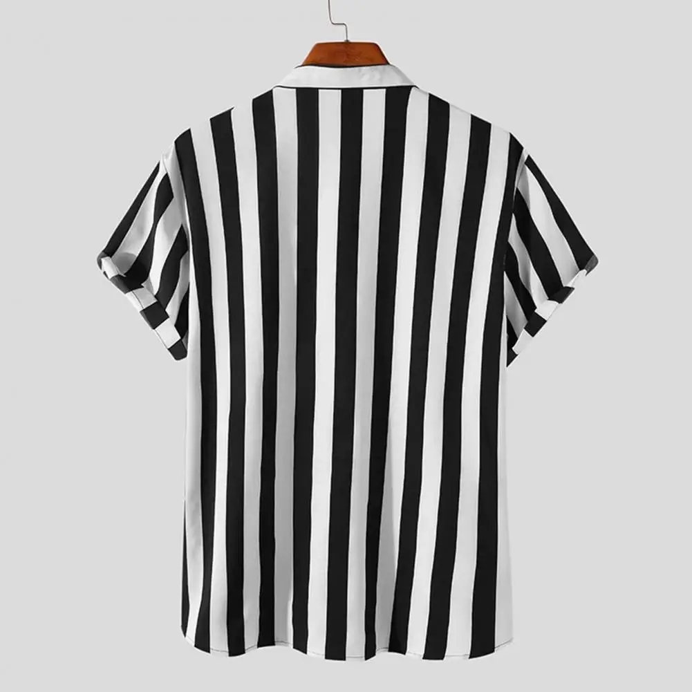 Cotton Shirt Men Casual Shirt Summer Stripes Short Sleeve Stand Collar Men Cardigan Outdoor Casual Shirt