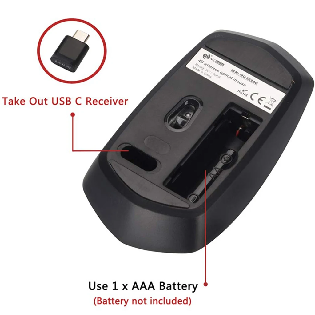 4 Buttons 1600/1200/800DPI Wireless Gaming Mouse Rechargeable Silent Optical Mice with Type C Receiver Mouse For Computer PC