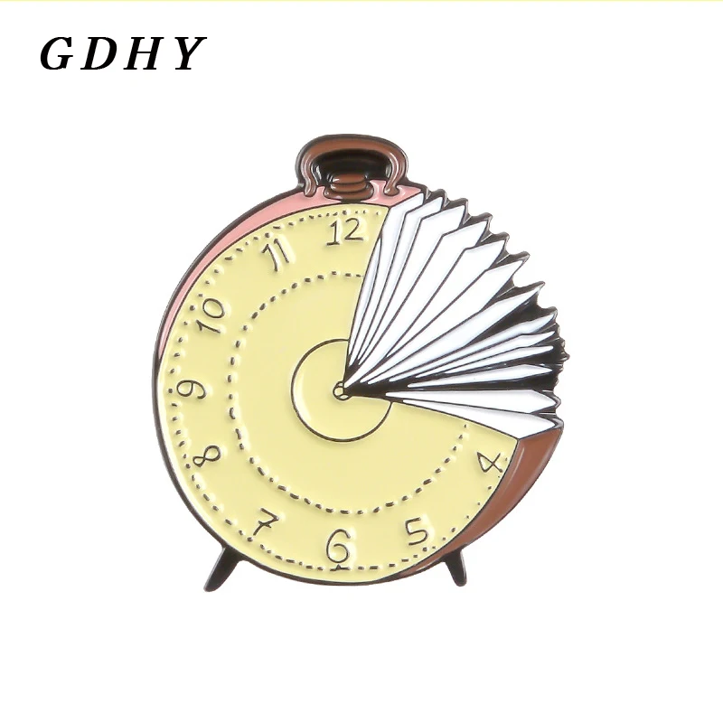 Gdhy Clock Book Brooches Reading Time World Alarm Clock Enamel Pins