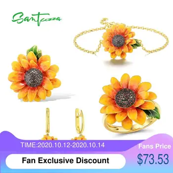 

SANTUZZA Jewelry Set for Women 925 Sterling Silver Sunflower Pendant Earrings Ring Bracelet Set Fine Jewelry Handmade Enamel
