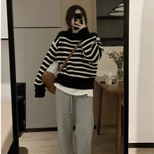 

Lazy Wind Loose Black And White Stripe Sweater Women's 2021 Autumn And Winter New Loose Outer Round Neck Pullover Fashion Young