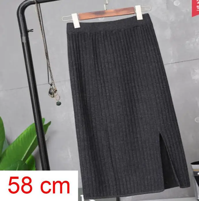 gray 58cm Винтажный зимний женский свитер, юбка-карандаш, вязаные юбки, высокая талия, эластичная высокая талия, плиссированная юбка, женские одноцветные элегантные юбки - Цвет: gray 58cm