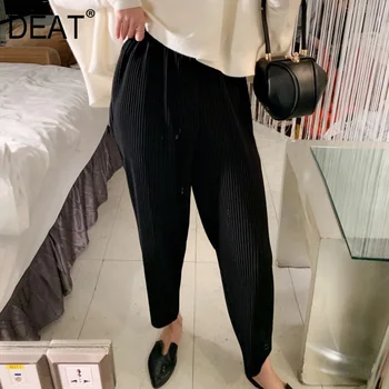 

DEAT Leisure Temperament Elastic Mid Waist Ankle Length Pants Women Striped Loose Black Trousers 2020 spring Winter New TD441