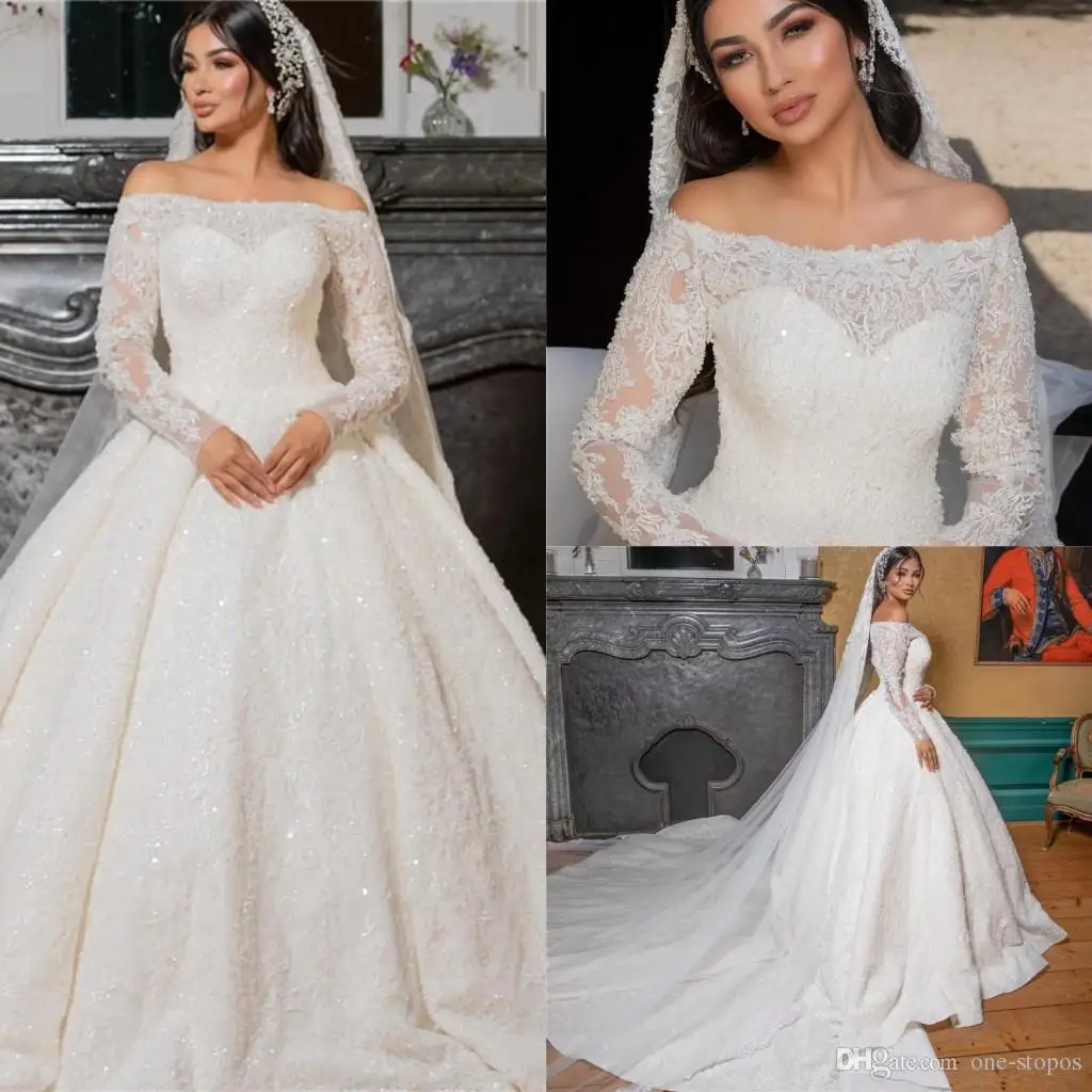 Luxury Arabic Off Shoulder Ball Gown Wedding Dresses Vintage Long Sleeevs Lace Appliqued Crystal Beaded Plus Size Bridal | Свадьбы и