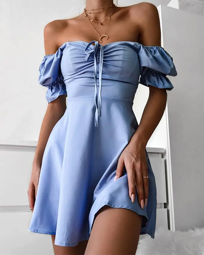 

2020 Fashion Elegant Solid Short Sleeve Mini Ruffles Summer Woman Dress A-Line Off Shoulder Ruched Tie Front Tube Dress