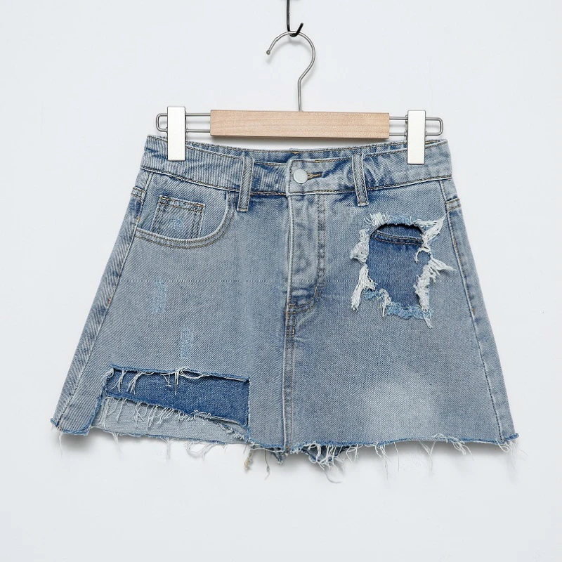 

2020 Summer Women Blue Ripped Hole Casual Mini Denim Skirt New High Waost Bodycon Skirt Basic Pocket Jeans Skirt
